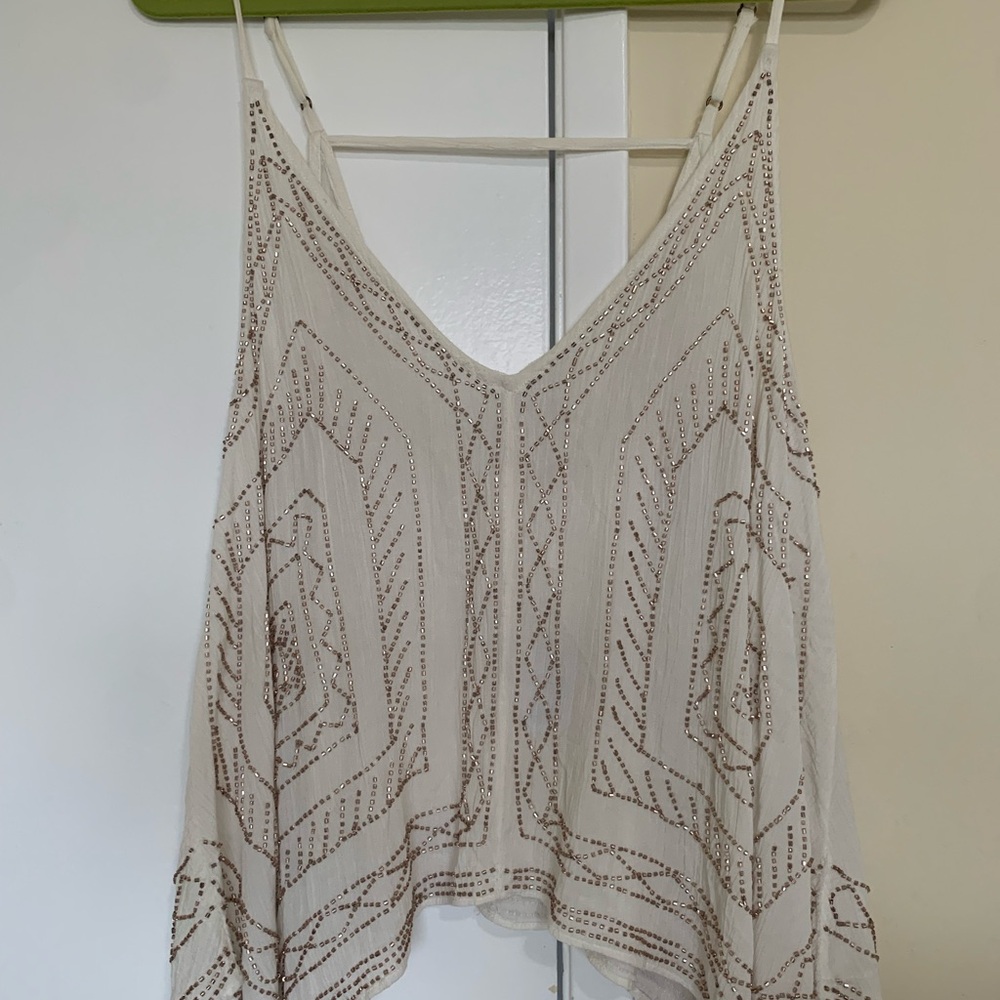 Free People White and Brown Embroidered Camisole